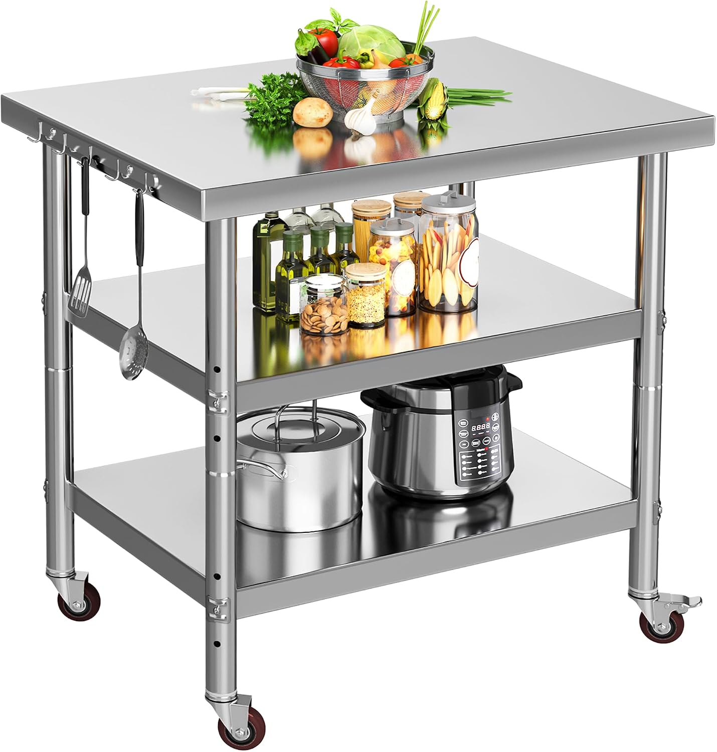 Commercial Kitchen Island On Wheels - Stainless Steel Food Prep Table, 3